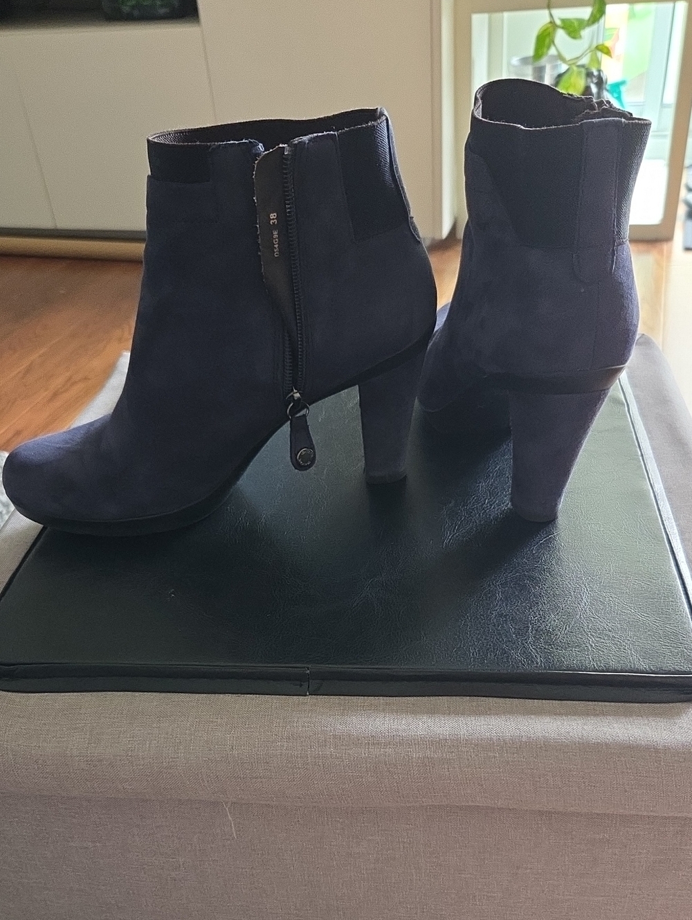 Geox Respira Navy Suede Ankle Booties with Side Zip Heel